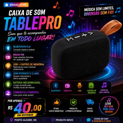Caixa Bluetooth TABLEPRO MG2 Som Potente Rádio FM USB Cartão