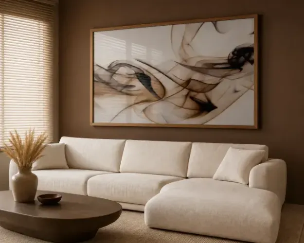 Quadro Decorativo Fumaça Dourada Abstrato 90X150 Moldura e vidro