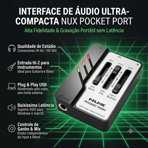 Interface de Áudio USB Nux Pocket Port p/ Guitarra e Baixo (24-bit/192kHz)