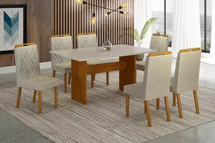 Conjunto Mesa Jantar Isis MDF com 6 cadeiras Olga Madeira **nova na caixa**