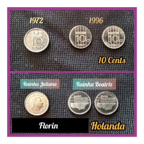 Kit 10 moedas do antigo Florin Holandes: 25 Cents(4x); 10 Cents(3x) e 5 Cents (3x).