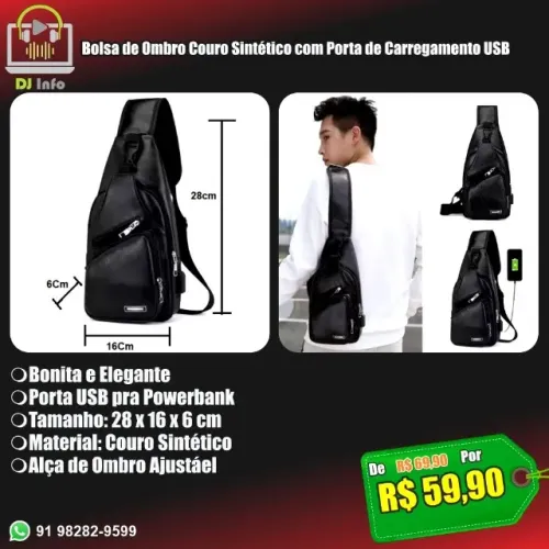 Bolsa de Ombro Couro Sintético com Porta de Carregamento USB