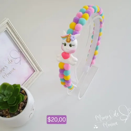 Tiara de cabelo unicórnio com pompons