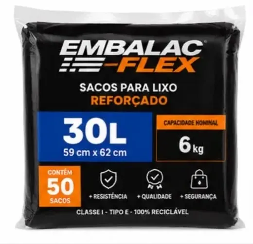 5 pacote Saco De Lixo 30 Litros Reforçado Embalac Flex cada pacote 50 Unidades