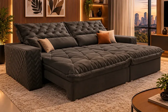SOFÁ RETRÁTIL E RECLINÁVEL 2,95M MOLAS ENSACADAS CAMA INBOX SPAZUS COM BORDADO 3D VELOSOFT
