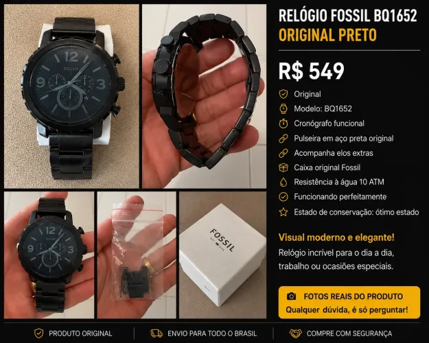 Relógio Fossil BQ1652 Original Preto Completo, Caixa