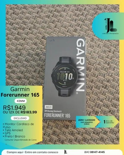 RELÓGIO GARMIN FORERUNNER 165, 43MM, LACRADO, EXCLUSIVO!