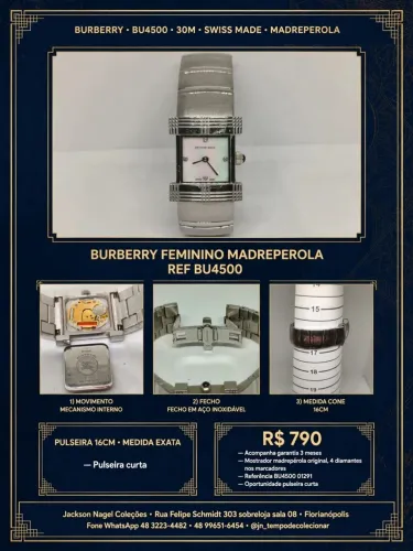 Relógio Burberry Feminino Quadrado Madre Pérola Diamantes Swiss Made Aço Original