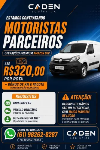 Agrega-se MOTORISTAS de Utilitários com VEÍCULO PRÓPRIO para a região do DF