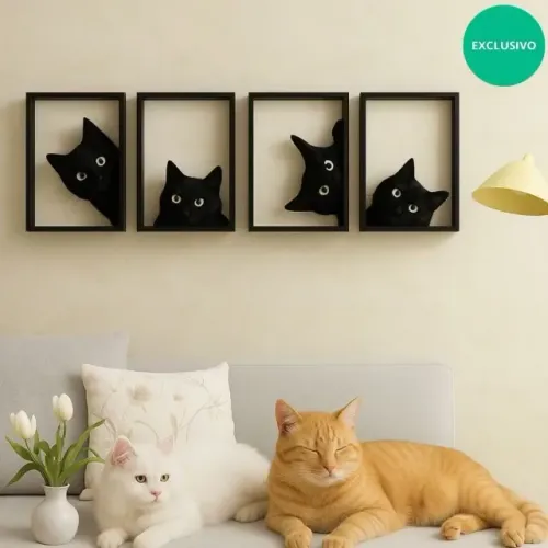 Kit 4 quadro decorativo gato parede