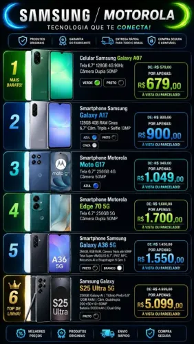 Smartphones Novos Samsung e Motorola (S25 Ultra, Edge 70, Moto G17, Moto A36/A17/A07)