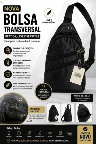 Bolsa transversal preta em náilon (nova) Prática, leve e versátil! Ideal para dia a dia!