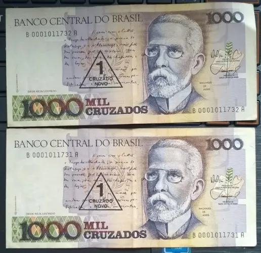 Lote sequencia duas Cédulas Mil Cruzados Machado de Assis