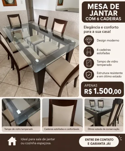 Mesa de jantar com tampo de vidro 