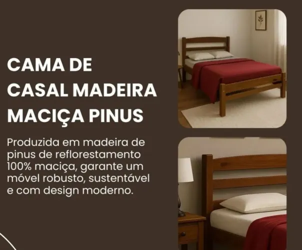 Cama de Casal em Madeira Maciça na cor Imbuia, fabricada pela marca Mundo das Beliches.