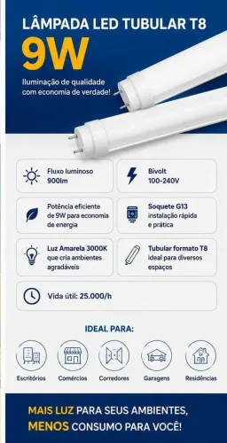 KIT 5 Lâmpadas led tubular 9w NOVA