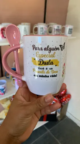 Caneca Personalizada Com Colher Rosa - Nome