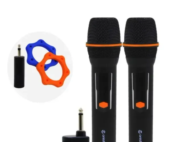 kit 2 microfones sem fio vhf dinâmico recarregável cor preto mc826 karaoke