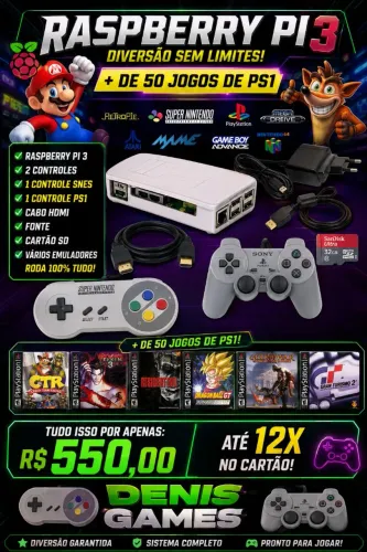 Rasberry pi3 2 controle cartão 32gbs vários emuladores mais 50 jogos ps1 