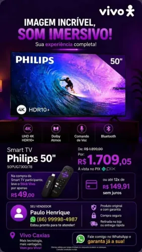 Philips Smart TV 50" 50PUG7300/78 UHD 4K HDR10+ Dolby Atmos e Comando de Voz Preto