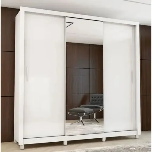 Roupeiro Clara Plus Casal 3 Portas 4 Gavetas Com Espelho e Pés Branco<br>
