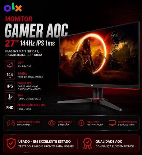 AOC Hero 27" - Monitor Gamer, 144Hz IPS 1ms G-Sync Compatible 27G2, Preto