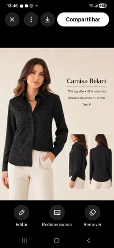 Camisa feminina manga longa preta forrada, renda tam P