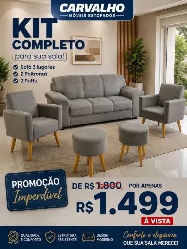 Promoção por apenas 1499 Kit Sofá 3 lugares 2 poltronas e 2 puf novo combinação perfeita