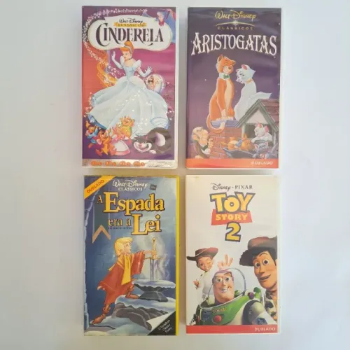 Kit 4 Fitas VHS Disney - Toy Story 2, Cinderela, Aristogatas, A Espada era a Lei
