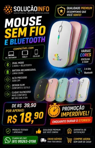Mouse Sem Fio Bluetooth Recarregável Led Rgb Ergonômico Para Desktop Notebook Tablet e Cel