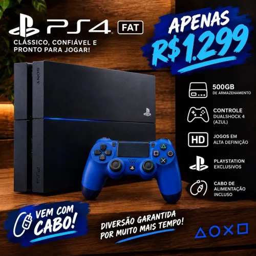 PS4 fat:Vem com cabos e controle, funcionando perfeitamente pouco usado.