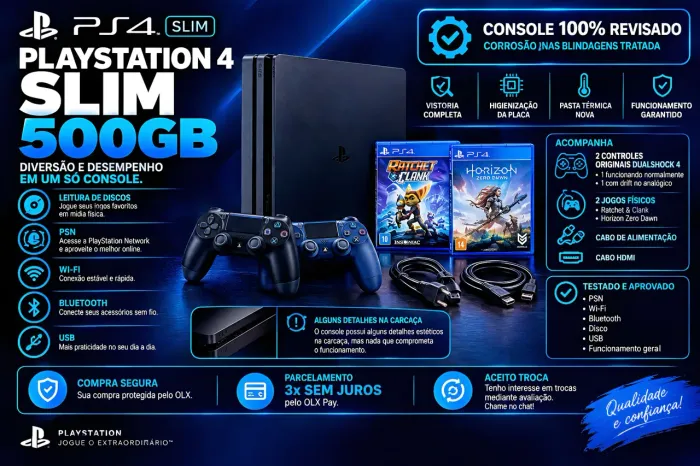 PlayStation 4 Slim 500GB + 2 Controles + 2 Jogos Físicos (100% Revisado e Testado)