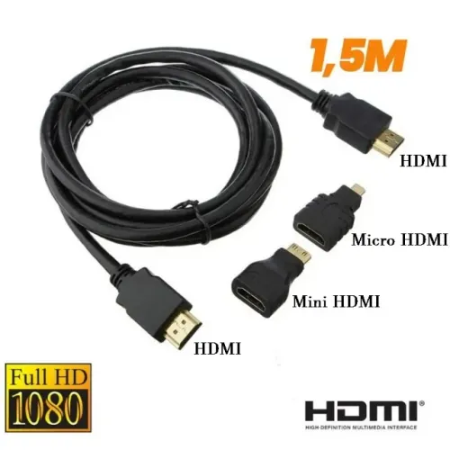 Cabo HDMI 1,5m com adaptadores de micro e mini hdmi