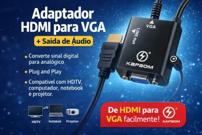 Cabo Adaptador HDMI para VGA + Áudio - Ideal para Monitor e Projetor