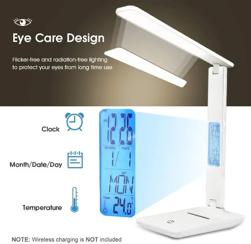 Luminária de mesa de LED, recursos inteligentes (relógio, alarme, data, temperatura)