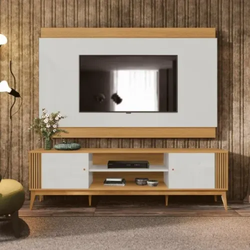 Rack + Painel LEG Retrô 2,00m Para TV Até 75'' Acabamento Ripado! Frete e Montagem Grátis