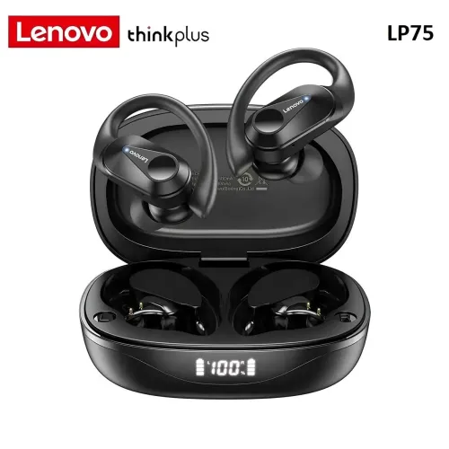 Fone De Ouvido Lenovo Sem Fio Lp75 Esportivo Com Gancho Cor Preto