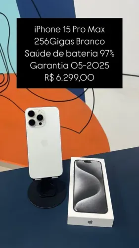 iPhone 15 Pro Max 256GB Branco Saúde de bateria 97% Garantia 05-2025 R$ 6.299,00 | Loja