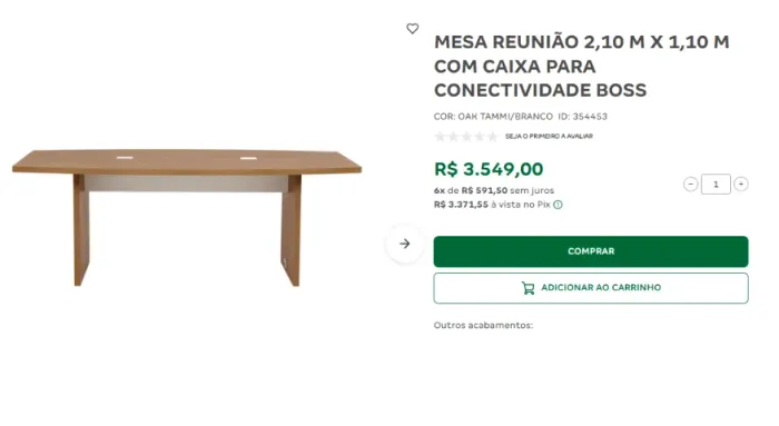 MESA REUNIÃO 2,10 M X 1,10 M COM CAIXA PARA CONECTIVIDADE BOSS