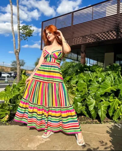 Vestido farm longo listras rainbow