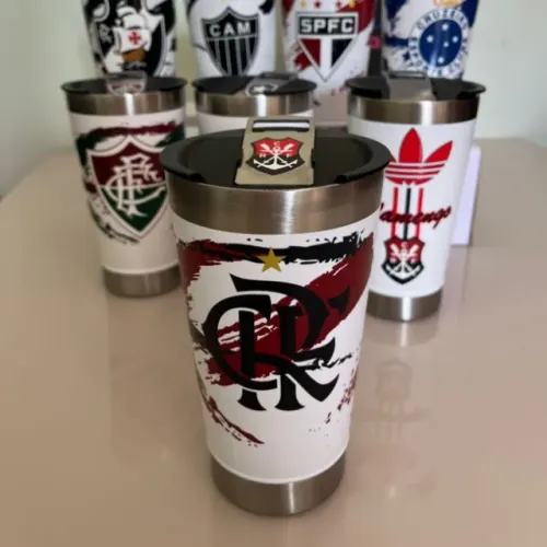 Copo térmico personalizado Flamengo com tampa e abridor 473ml aço inox 