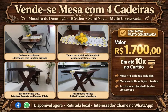 Vende-se mesa de madeira de demolição com 4 cadeiras