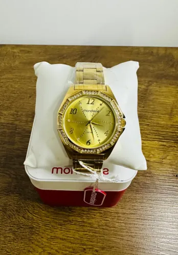 RELÓGIO MONDAINE ORIGINAL FEMININO DOURADO COM CRISTAIS NOVO E SEM USO 