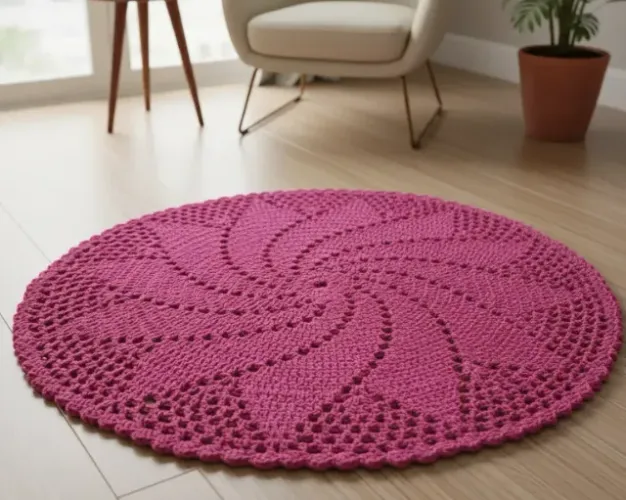 Tapete Decorativo Catavento Redondo Crochê 60x60cm Rosa