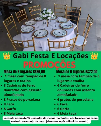 MESAS COMPLETA DE 6 E 8 LUG. CADEIRAS DE FERRO GOLD :TOALHAS,PRATOS, TALHERES E TACAS