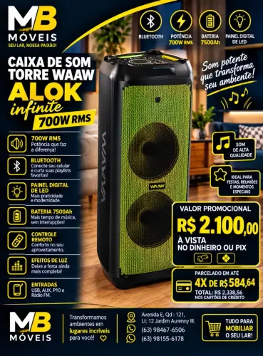 Caixa de som torre Waaw Alok infinite 700W RMS , bluetooth, painel de led flame NOVA . 