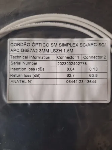CORDÃO ÓPTICO SM SIMPLEX SC/APC-SC/ APC G657A2 3MM LSZH 1.5M
