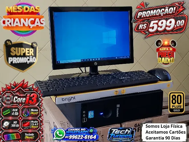 PC Computador Completo (Core I3, Core i5 - 4Gb Ram - HD 500Gb - (Monitor Novo 15,19)