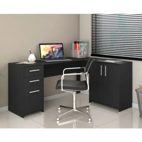 Escrivaninha Mesa Escritório em L Office Nt 2005 2 Gavetas 3 Portas 157cm
