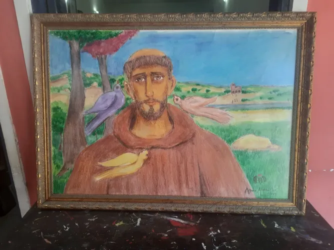 Pintura de São Francisco de Assis marinho medindo 1.10 por 80.